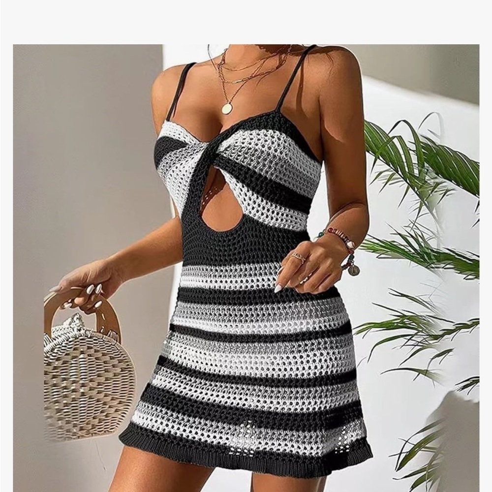 Black and White Striped crochet knit Dress / swim coverup